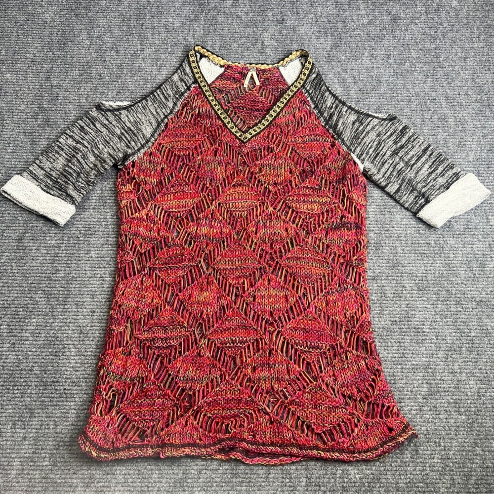 G by BKE Womens Cold Shoulder Open Knit Diamond Tunic Sweater Multi Color Medium